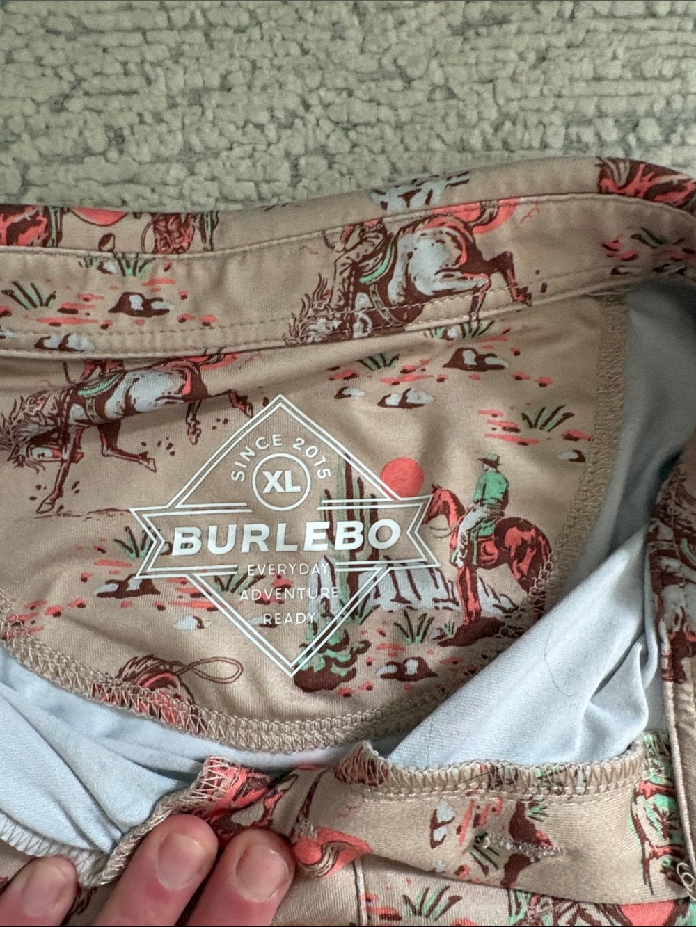 BURLEBO Men's XL Desert Print Polo - Tan with Coral and Green Accents - Picture 3 of 5
